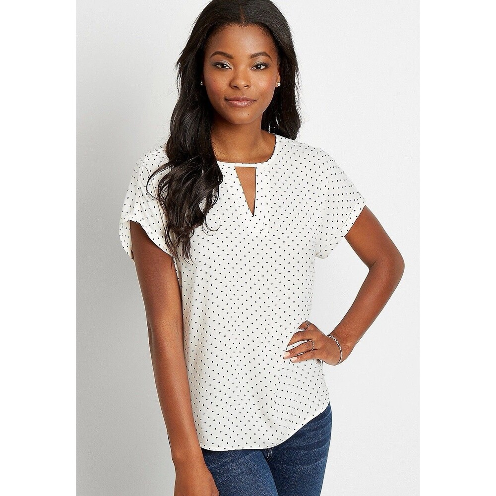 Maurice’s Women’s White Polka Dot Cut Out Neck Short Sleeve Blouse Size Small